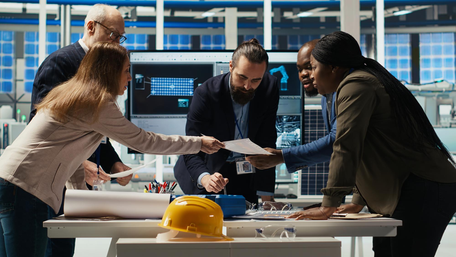 Professionals reviewing technical documents in a control room